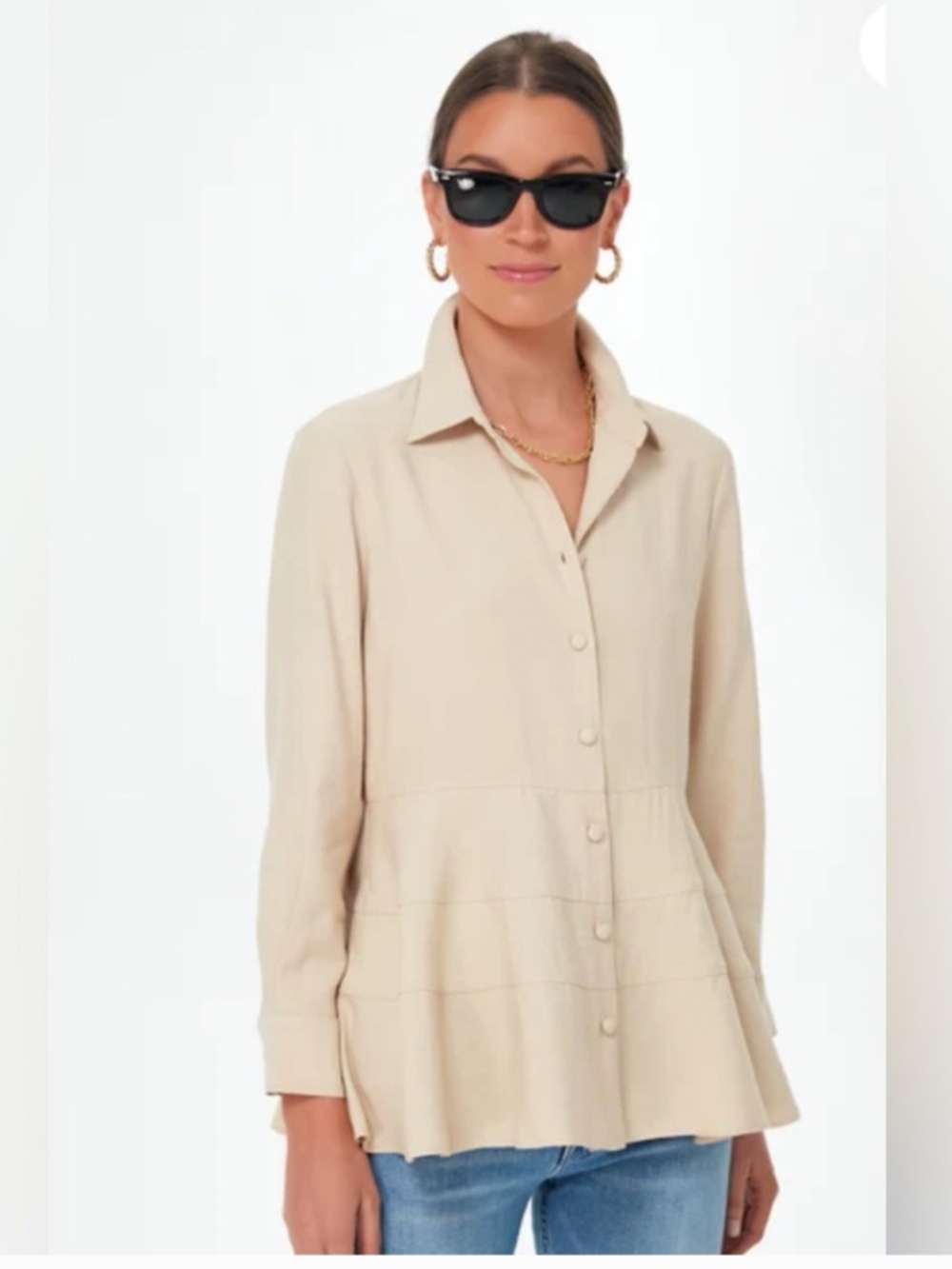 Pomander Place Cream Button-Down Peplum Shirt